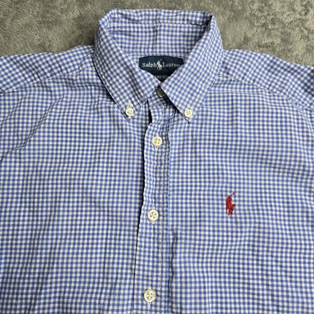 Ralph Lauren Blue Gingham Plaid Long Sleeve Button Down Boys M (10-12) Red Pony